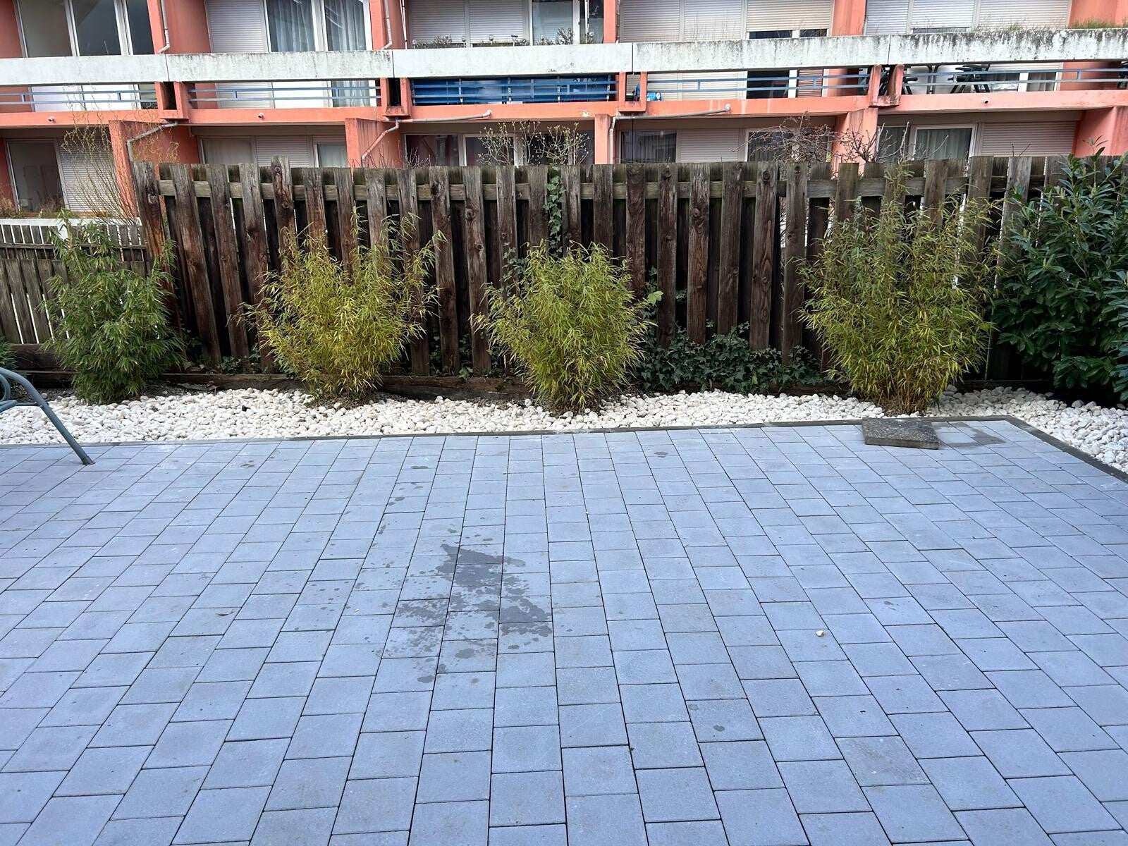 Frisch gepflasterte Hoffläche mit Zierkies und Bambusbepflanzung